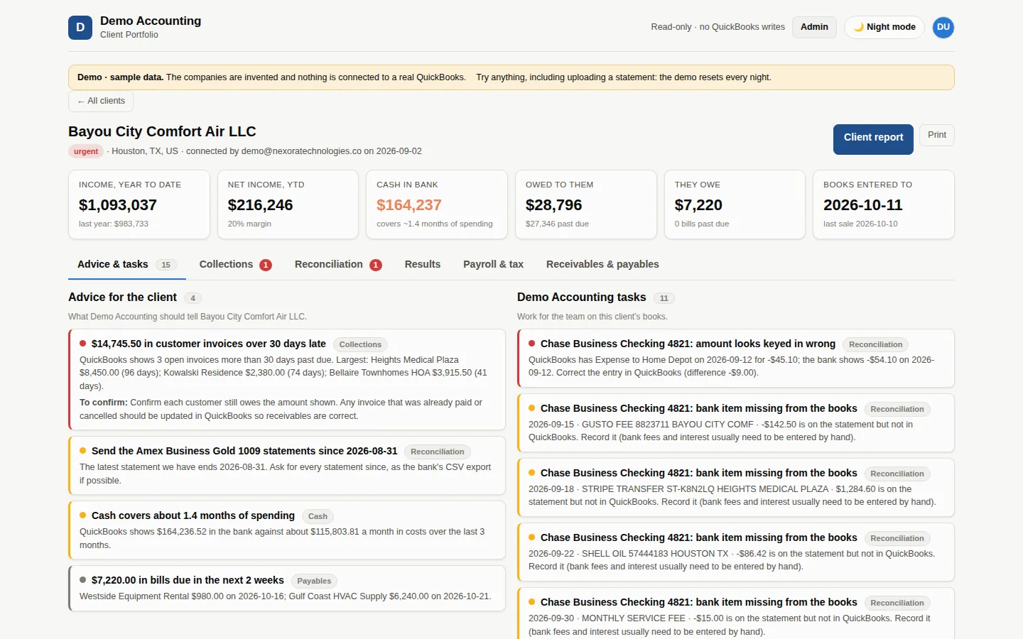 Health recommendations for a client's QuickBooks file